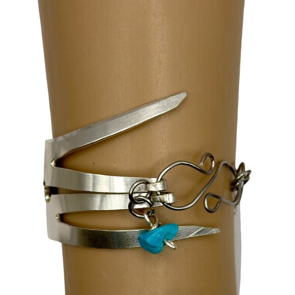 Handcrafted Silver Fork Cuff Bracelet W Stainless Steel Links & Turquoise Charm - Picture 4 of 15